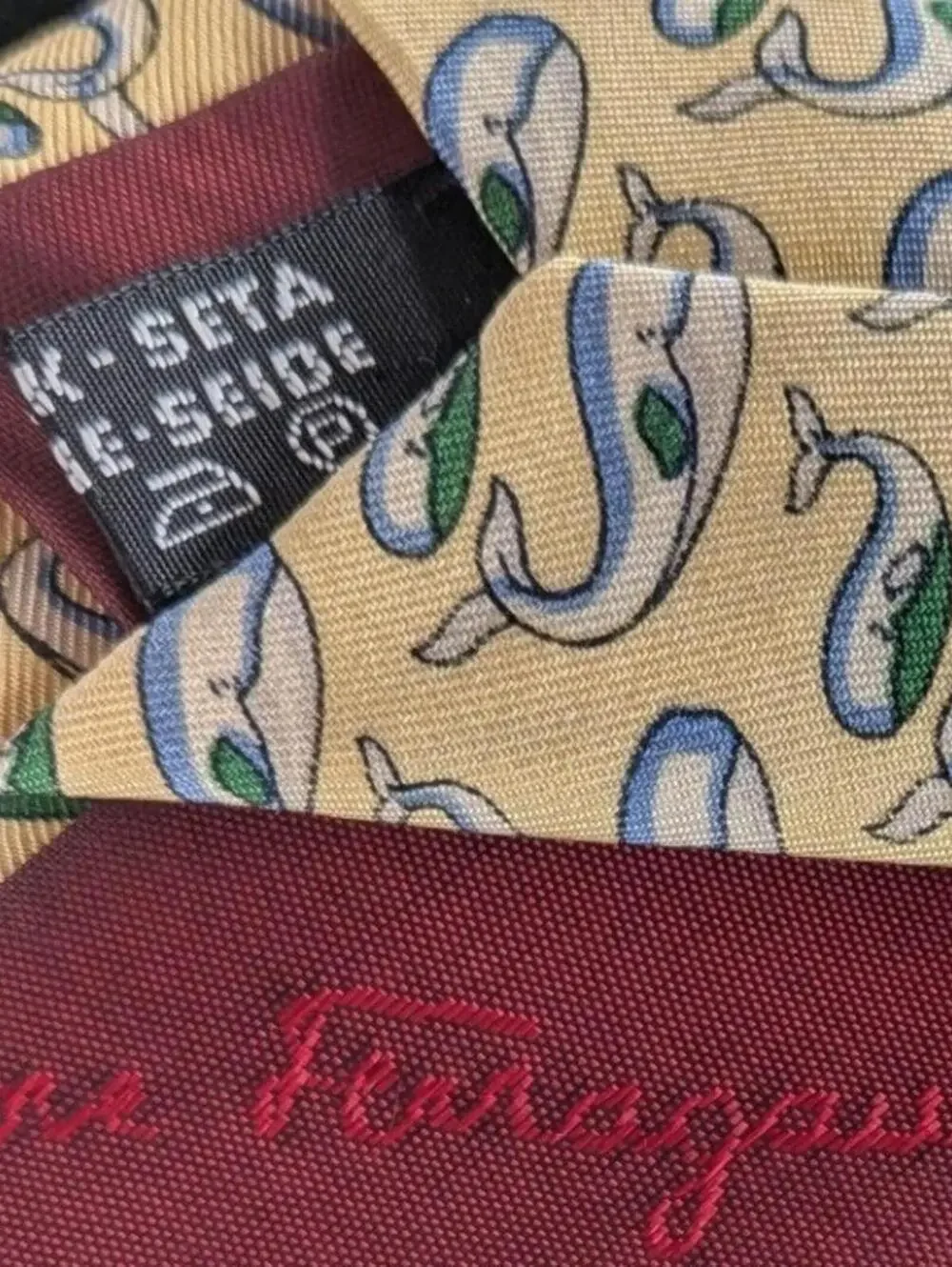 Salvatore Ferragamo $240 Yellow Blue Whale Nautical Italian Made 100% Silk Tie